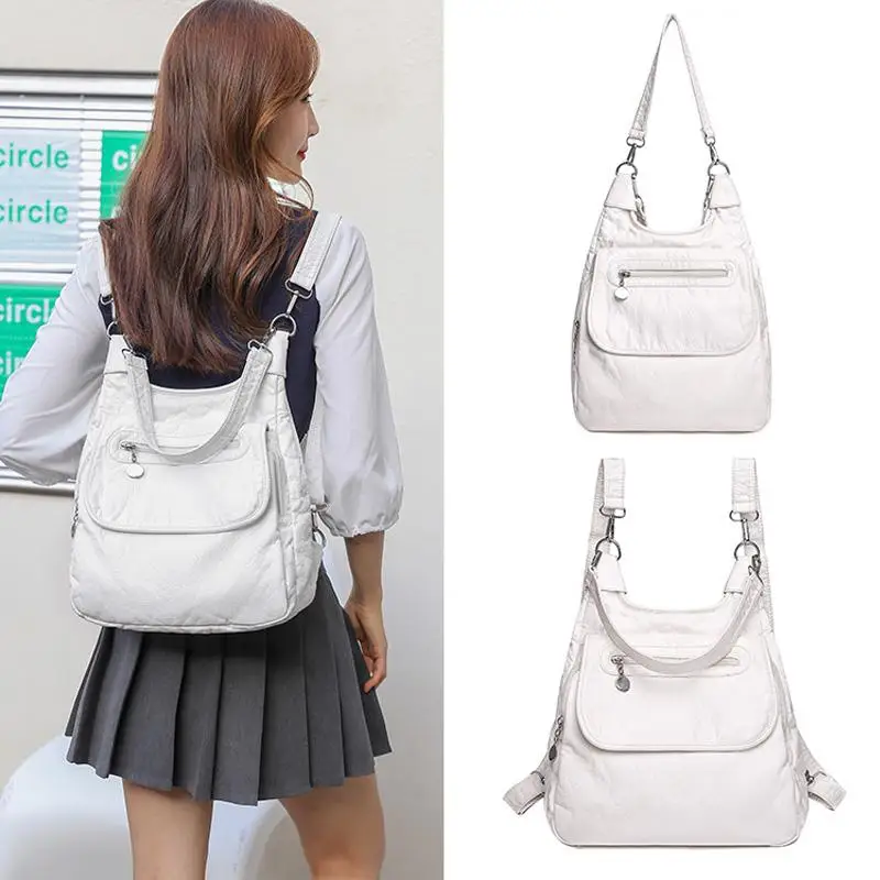 

White Backpacks Fashion Soft Washed Pu Leather Shoulder Bags Anti -Thief Backpack Large Capacity School Bag For Teenager Girls