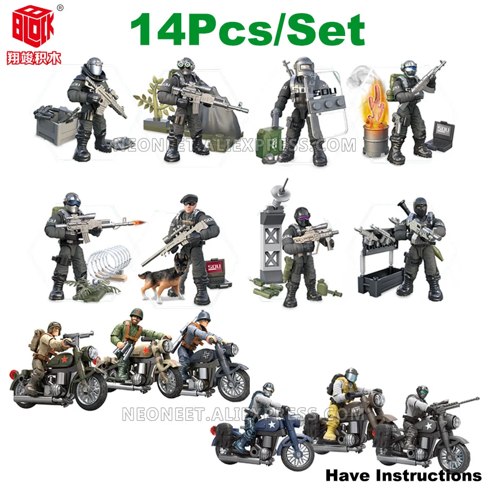 

14pcs/set World War 2 WW2 Army Military Soldier City Police SWAT Snow Motorcycle Special Forces Figures Building Blocks Bricks