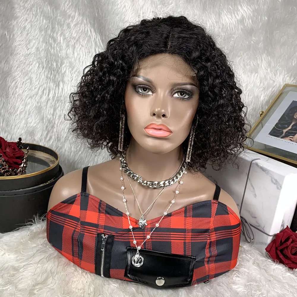 

Short Curly Bob Wig Virgin Brazilian Human Hair Wig Pre Plucked 4x4 Lace Front Bob Curly Wig For Black Woman With Baby Hair