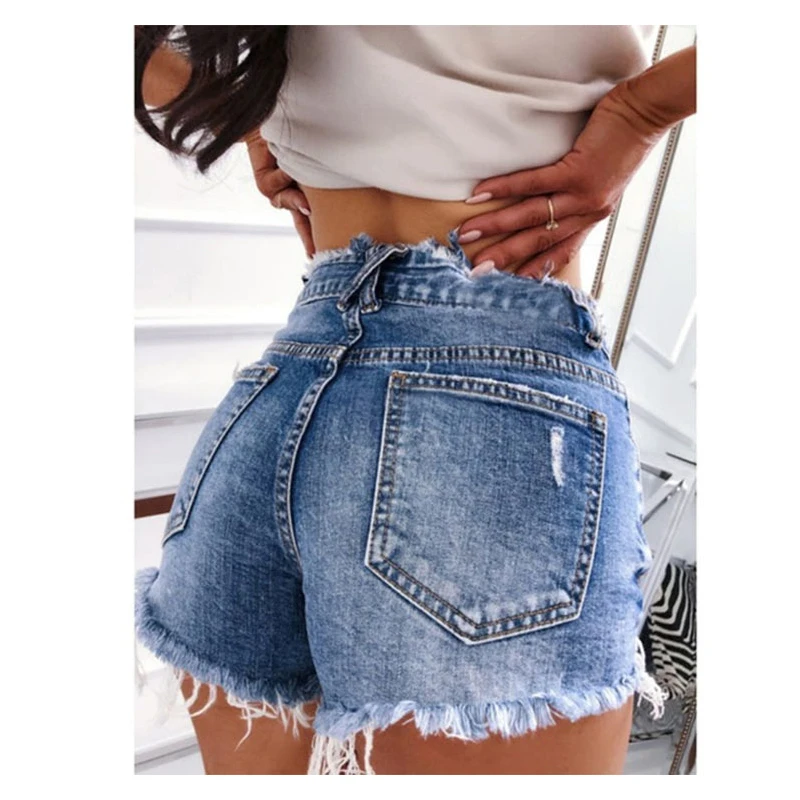 

Sexy Tight Ripped Women Denim Shorts Wide Leg Mid Waist Solid Color Vintage Jeans Female Summer Casual Slim Bouncy Hot Short 612