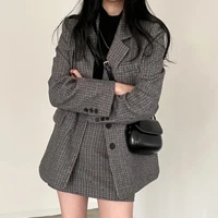 korean 2 set woman skirt suits retro plaid blazer sets fashion suit jacket high waist skirt sets ol casual blazer two piece