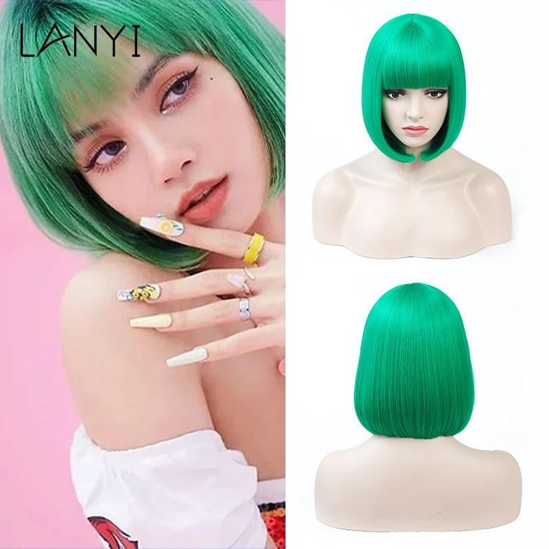 

LANYI синтетические волосы зеленый парик короткие прямые боб парики с челкой для женщин 12 дюймов мягкие волосы блонд парик для ежедневного использования парики