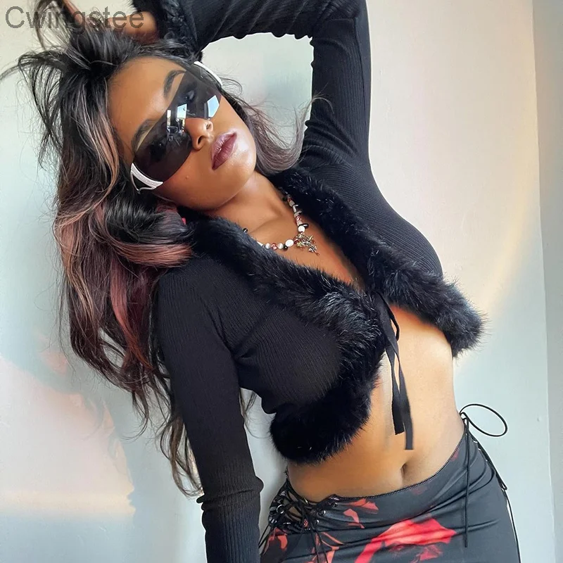 

Fur Patchwork Knit Cardigans Lace Up Solid Autumn Vintage Grunge Clothes Streetwear Fashion Korean Knitwears