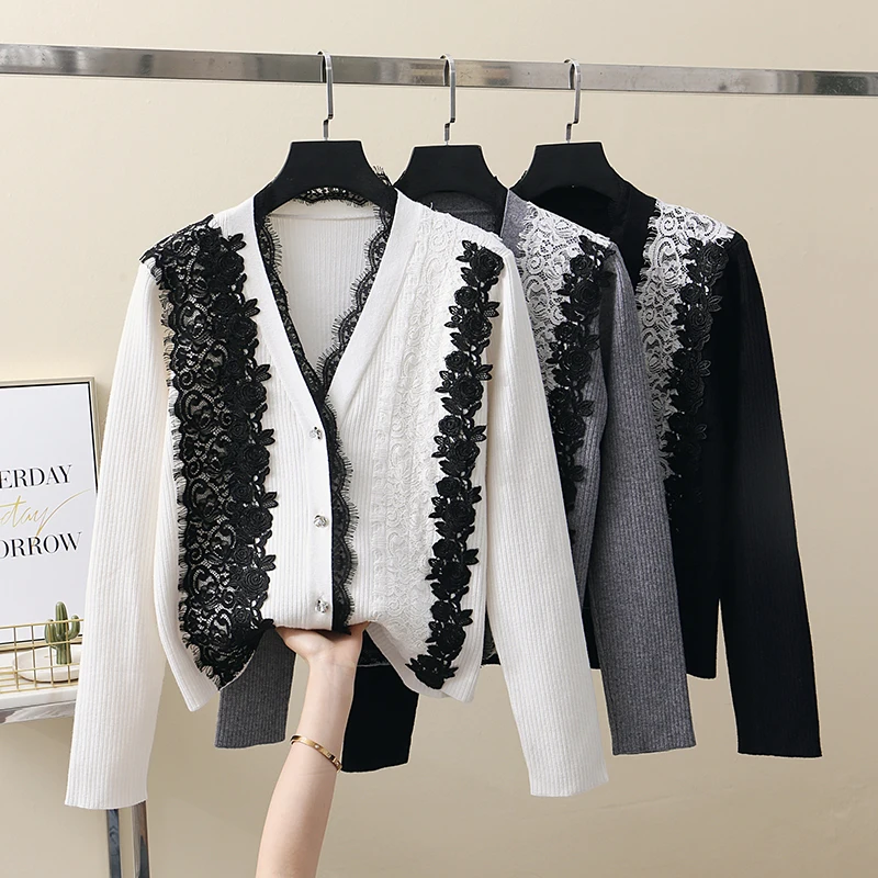 

Женский трикотажный кардиган с вышивкой, кружевной вязаный кардиган с V-образным вырезом и длинным рукавом, осенняя одежда