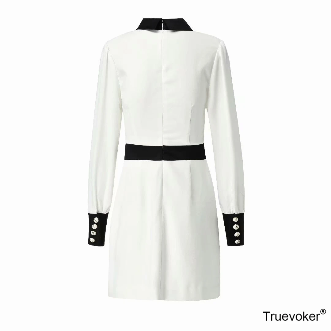 

Women European High Street Runway Fashion Dress Lady Full Sleeve Peter Pan Collar Color Block Office Lady Vestidos