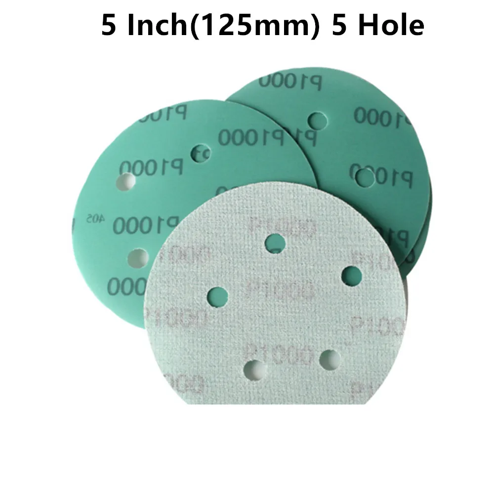 

10PCS 5 Inch(125mm) 5 Hole Polyester Film Wet/Dry Hook & Loop Flocking Green Sanding Discs Paint Abrasive Sandpaper, 800#-1000#