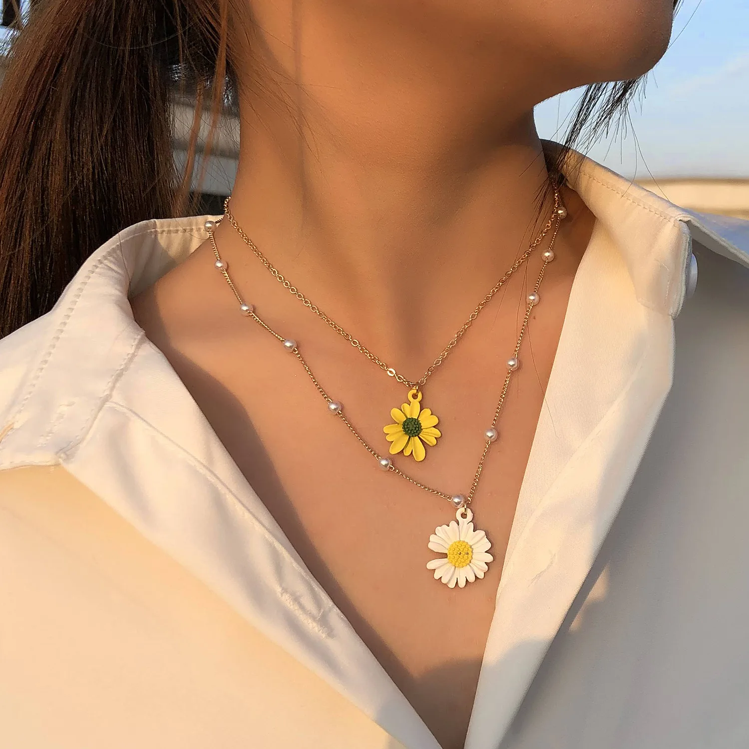 UMKA Sunflower Decoration Pearl Chain For Women 2021 Double-Layer Alloy Resin Long Choker Clavicle Necklace | Украшения и