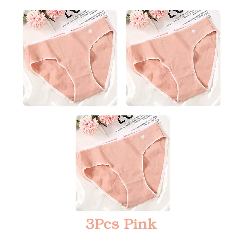 Pink 3Pcs Хлопковые трусы с сердечками для женщин, 1 шт., одноцветное нижнее белье, дышащие трусики, модное нижнее белье, сексуальные женские трусы, Новое поступление, S-XL - Цвет: Pink 3Pcs