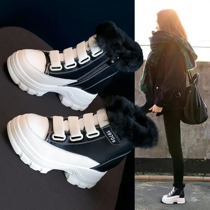 2021 New Winter Genuine Leather Elevator Snow Boots Women's Fleece-Lined Thick Quilted Martens Fur Cotton-Padded Shoes Velcro | Обувь