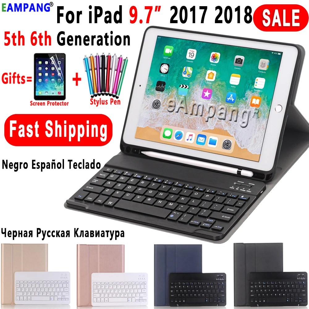 Для iPad чехол с клавиатурой и карандашом для iPad 9,7 5th 6th Generation Air 1 2 Русский Испанский чехол для клавиатуры