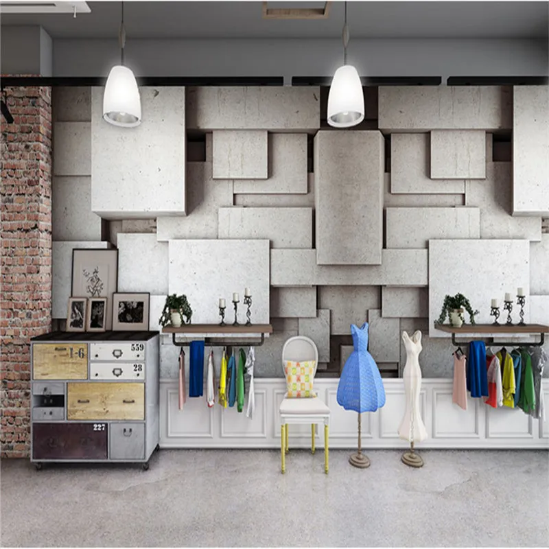 Современные 3D стереоскопические серые геометрические кирпичные обои роспись