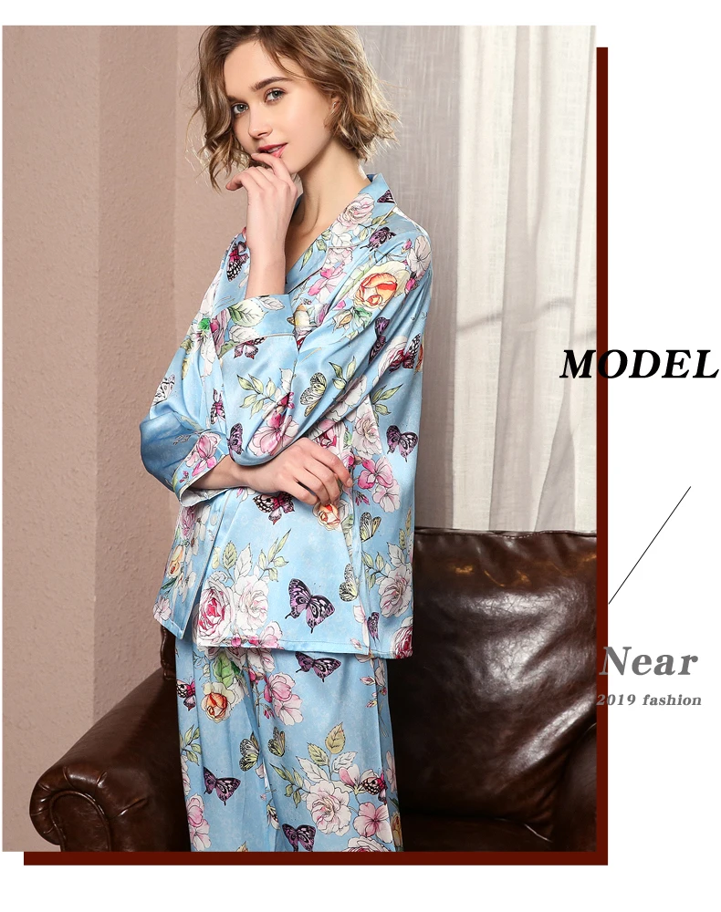 Womens Pajamas Set 100% Natural Silk Pajamas Top & Bottom Two-piece Suit Long Sleeve Floral Print Pyjamas Set Size M L XL XXL