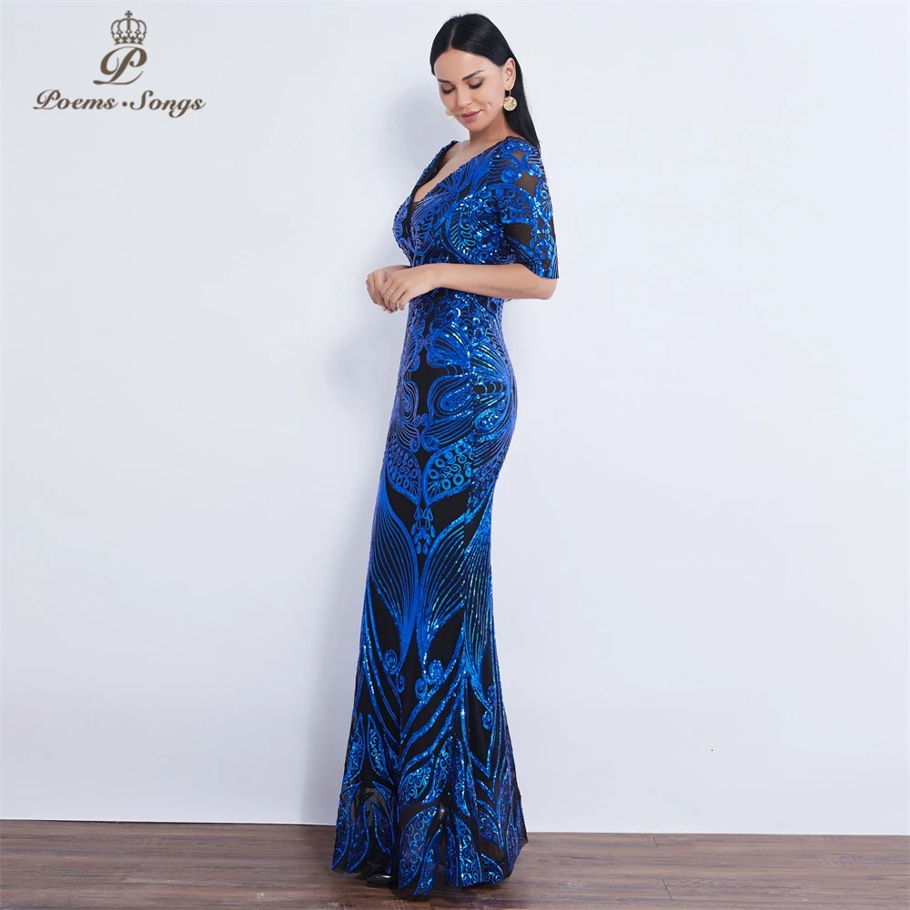 Half sleeve Butterfly style Sequin Evening dress vestido de festa formal mermaid vestido de noche robe de soiree prom dress
