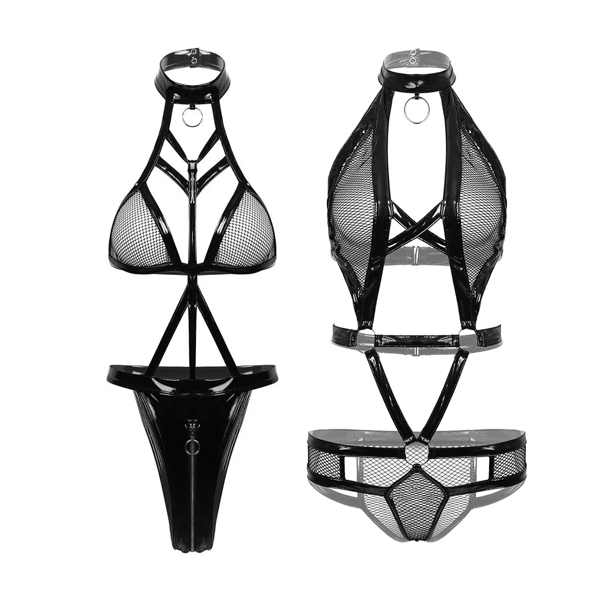 

Womens Hot Wet Look Exotic Teddies Leather Lingerie Nipples Cups Zippered Crotch High Cut Bodysuit Catsuit for Clubwear Costumes