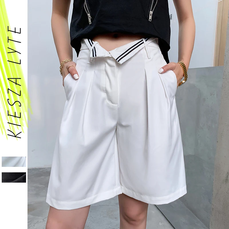 Women Summer Wide Leg Pants Korean Chic Solid Black White Knee Length Pocket Loose Trousers Casual Femininos Streetwear | Женская одежда