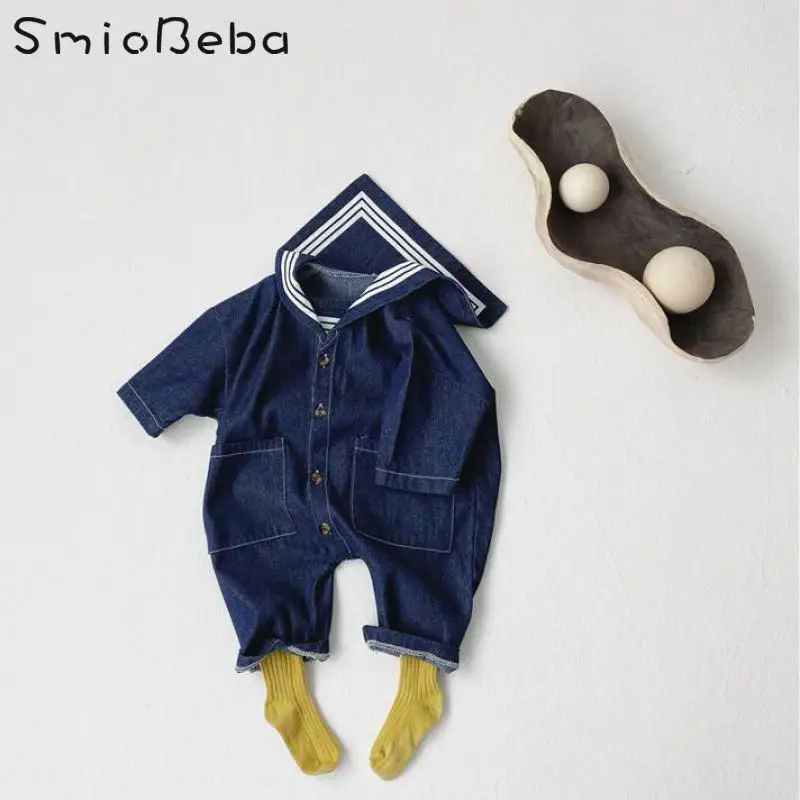 

Unisex Boys And Girls Long Rompers Korean Baby Navy Soft Denim Sailor Collar Jumpsuit Jean Blue Cool Sport Japan Simple Clothing