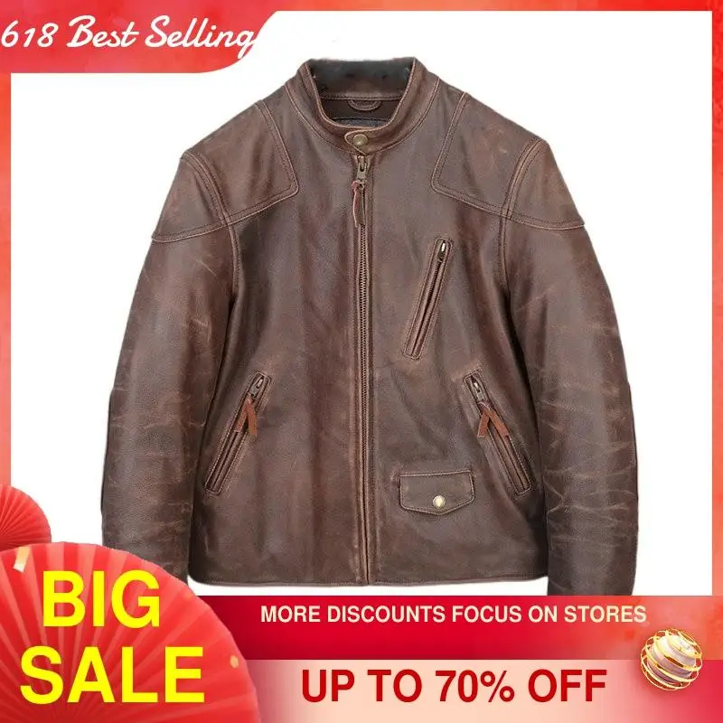 

2021 Retro Brown Motorcycle Style Genuine Leather Jacket Men Plus Size 5XL Real Natural Cowhide Spring Slim Fit Biker's Coat