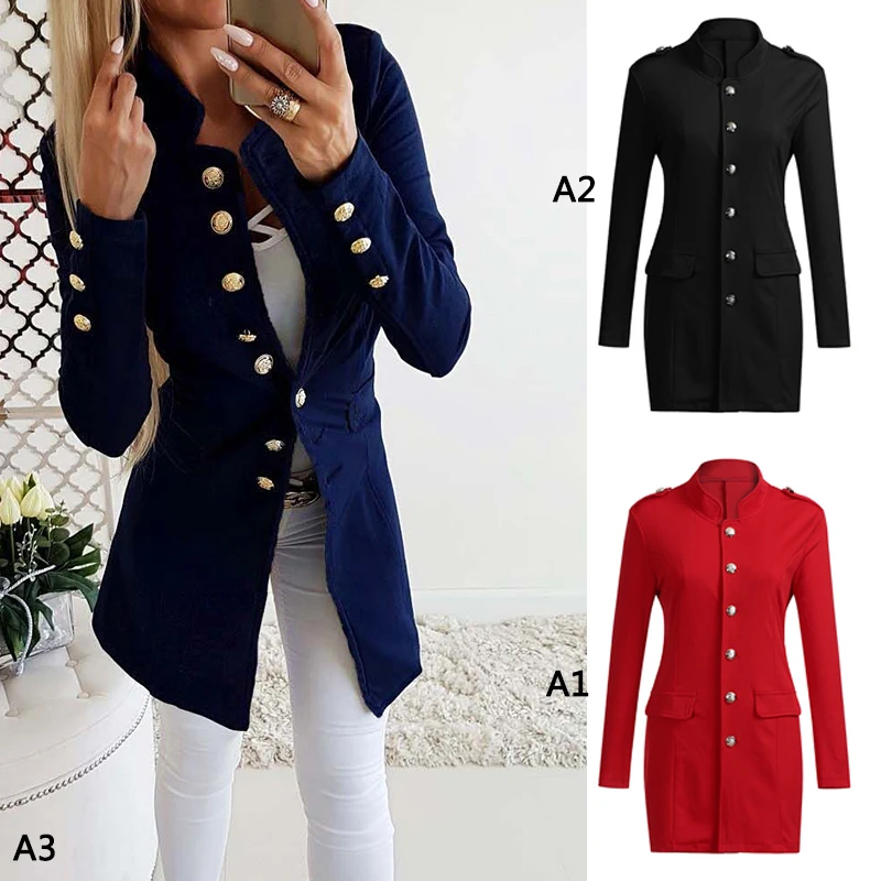 

Women lady Long Sleeve Suit Female Stand Collar Long Sleeve Slim Fit Blazer Buckle Coat