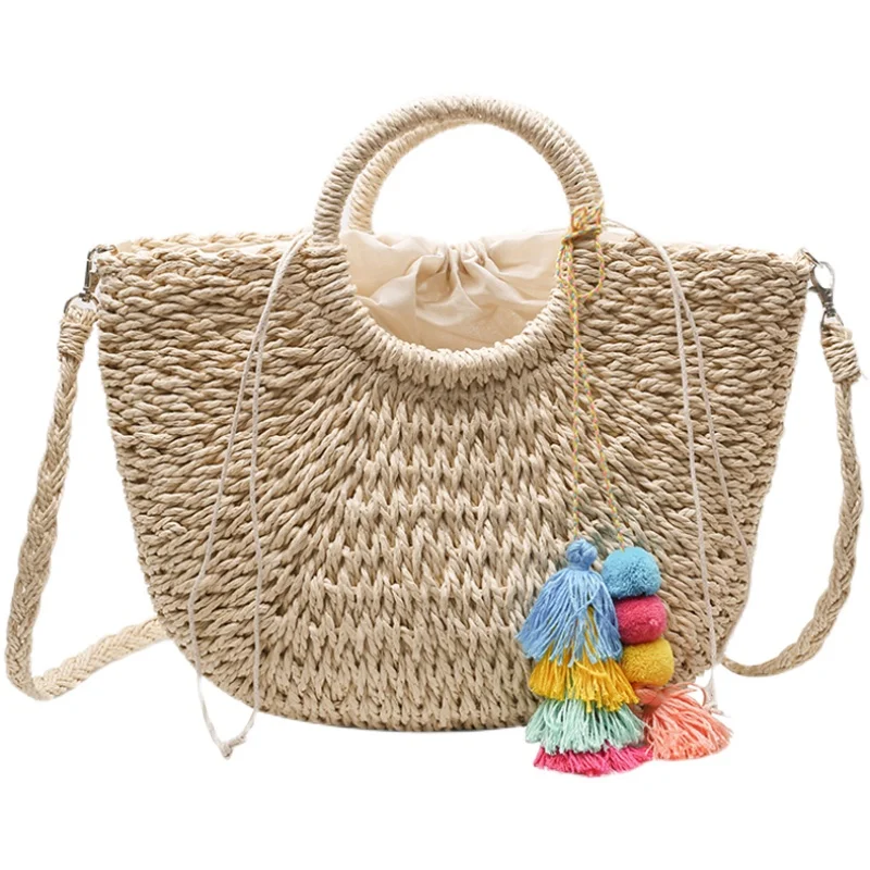 

  Round Handle Design High Capacity Straw bag Shoulder Crossbody Bags for Women 2021 Luxury Brand Travel Handbags