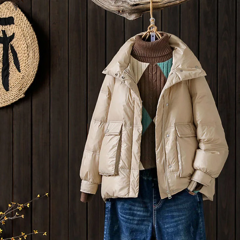 Пуховик женский на белом утином пуху с высоким воротником свободный Осень-зима