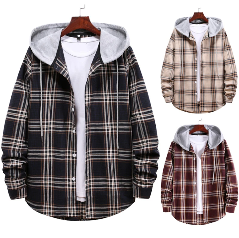 

Plaid Shirt Jacket Men Autumn&Spring Hooded Cardigan Shirt Jacket Coat Casual Street Shirt Coat Black Red Plus Size For Men