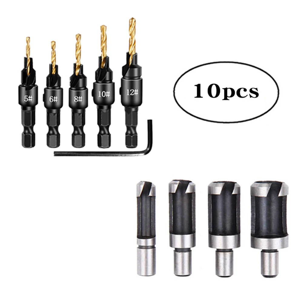 

10 Pcs Drill Bits Set Countersink 1/4 Hex Wood Plug Cutter For Woodworking Screw Holes Tool Set Accessories