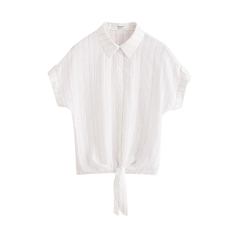 

INMAN Summer Women's Blouse Lapel Vertical Stripes Bow-Knot Tie Waist Slim Solid Color Korean Style Short-Sleeved Shirt