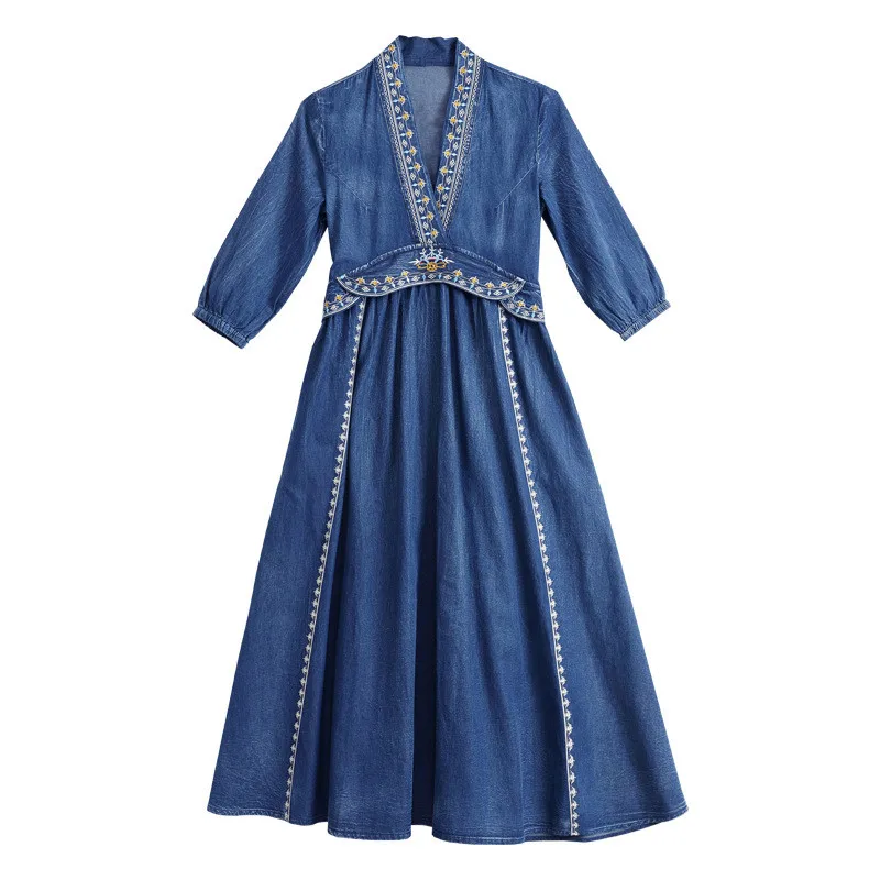 

Dress Women Spring Autumn Half Sleeve Deep V-Neck Slim Embroidery Retro Vintage Elegant Chinese Style Cotton Denim Woman Dresses