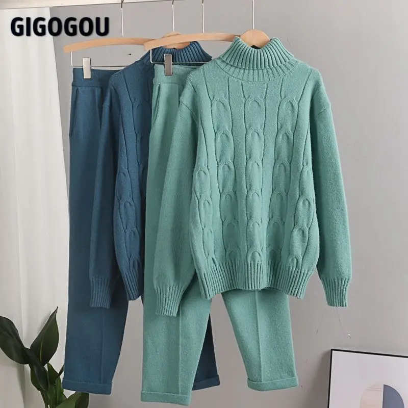 

GIGOGOU/кашемировые женские спортивные костюмы, толстый женский свитер с высоким воротником, комплекты из 2 предметов, штаны-шаровары на завязк...