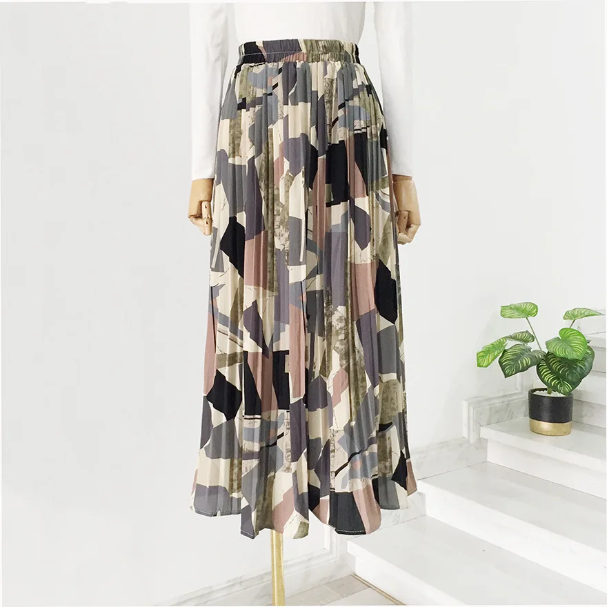 

French Retro Chiffon Pleated Skirt Women High Waist Printing Long Skirts Womens 2020 Summer Printed Pleated Skirt Women Mujer