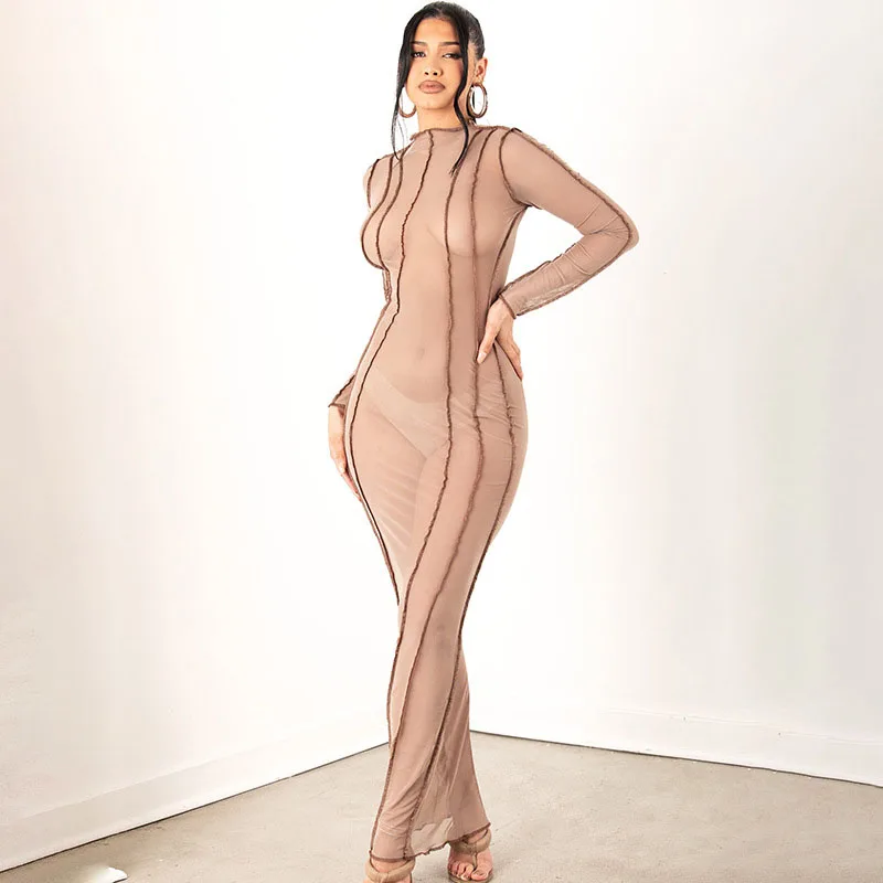 

NOVAINSPO Mesh See Through Long Sleeve Splicing O-Neck Maxi Pencil Dress Casual Solid Workout Skinny Summer Elegant Outfits 2021