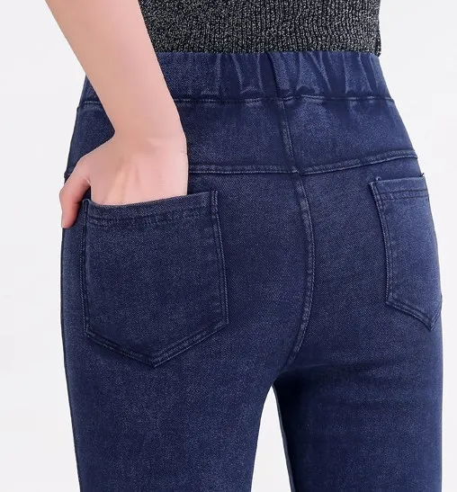 Woman High Waisted Faux Jeans Leggings for Women Skinny Slim Pockets Leggings Black Navy Blue Leggins Femme Washed Denim Pants
