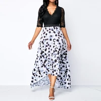 vintage lace dots patchwork prom long dress black african plus size elegant party dresses sexy mesh v neck women maxi dress