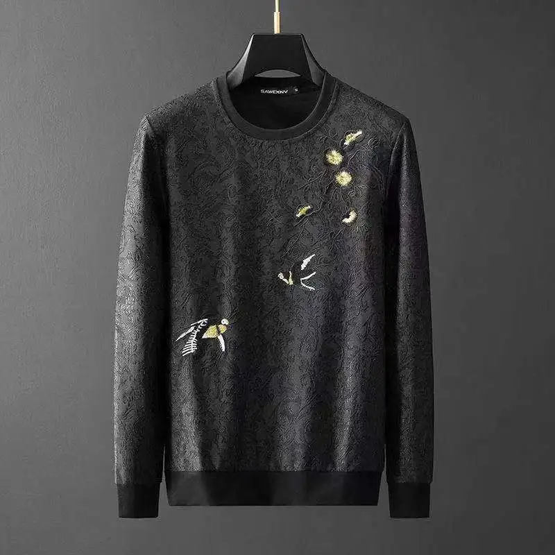 

Dark grain of new fund of 2021 autumn winters is jacquard round neck long sleeve fleece male splicing ribbon bigger sizes leisur