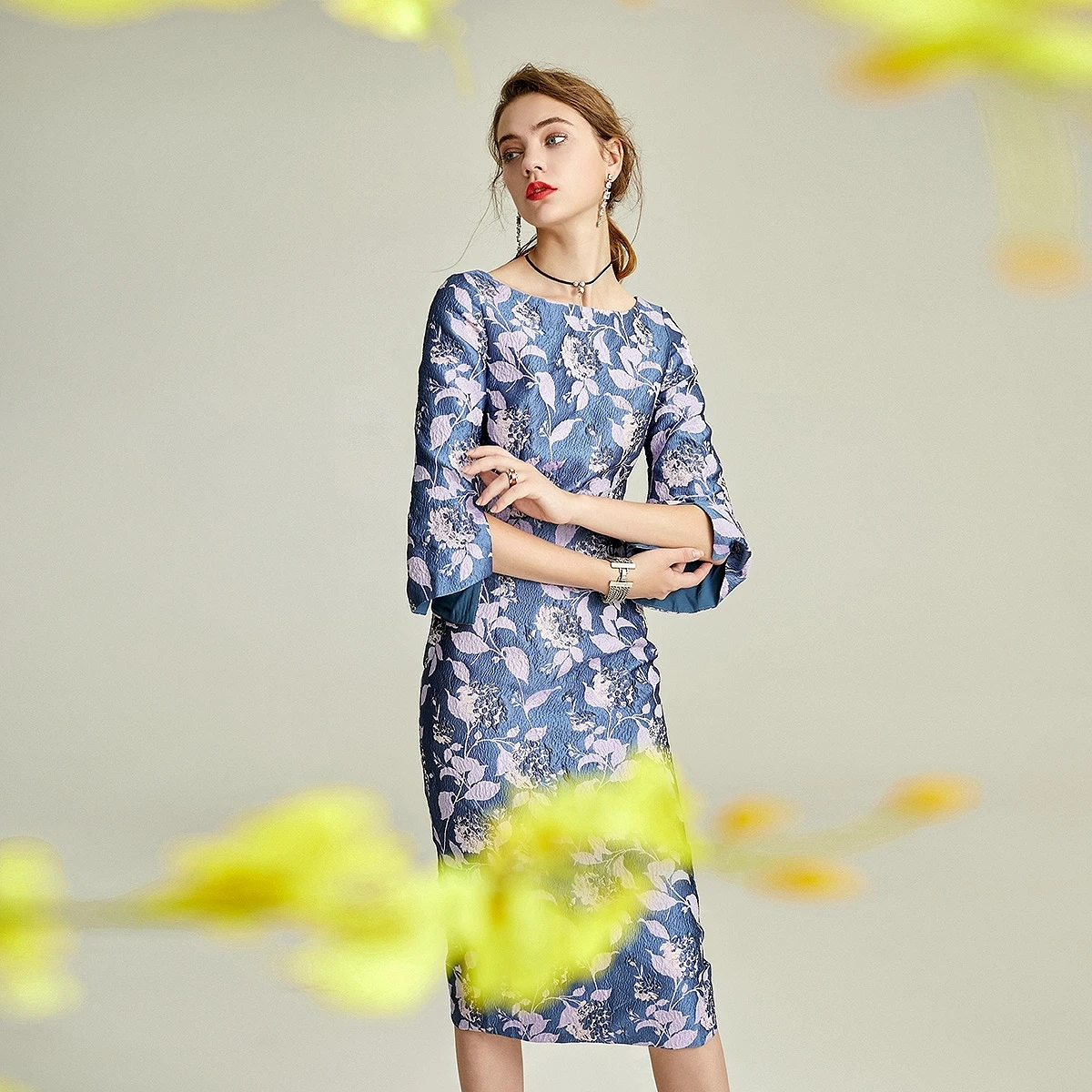 

French Blue Mother of the Bride Dress Half Sleeves Purple Flowers Embroidered Slim Daily Vacation Work Party Wedding Formal Gown