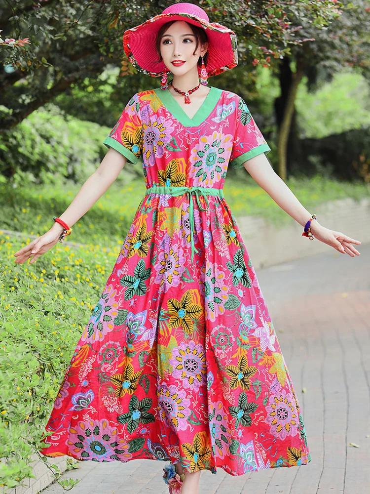 

Women's Dresses New National Style Dress Print Cotton Silk Plus Size Loose Short Sleeve Summer A-LINE Lady V-neck Ankle-Length