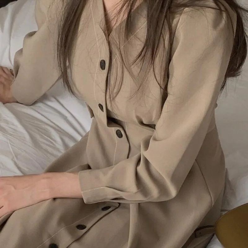 

JCHB 2021 Korean Style Dress Woman Elegant Midi Dress Long Sleeve Dresses for Women V-neck Spring Autumn Vestido De Mujer Pph33