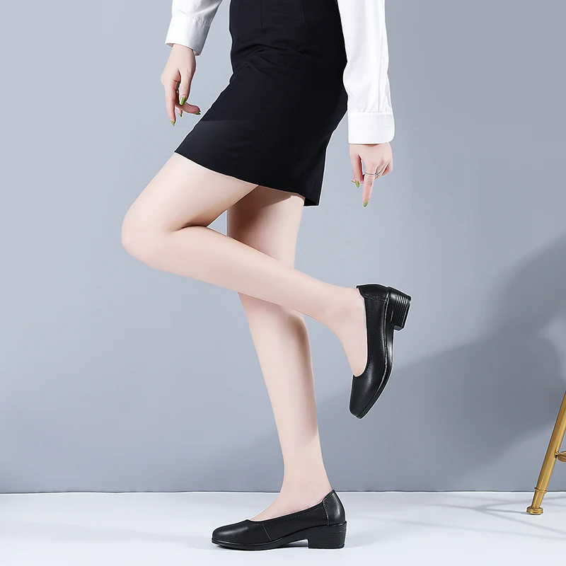 

Women Work Shoes Cow Leather Low Heel Black Office Round Toe Soft Antislip Soft Comfort Shallow Mouth Breathable Deodorization