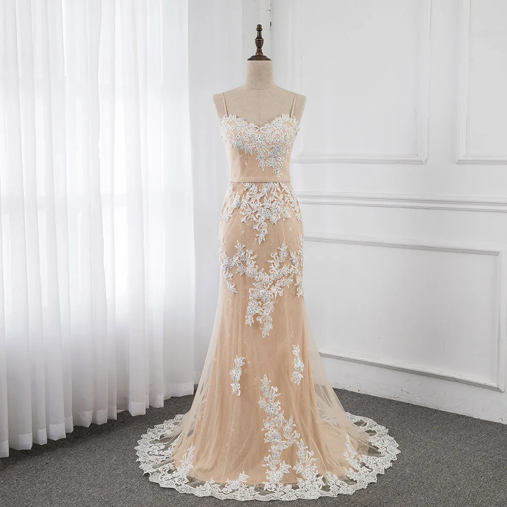 

Elegant Nude Long Prom Dresses Mermaid Straps Lace Appliques Crystals Formal Evening Gown Party Dress
