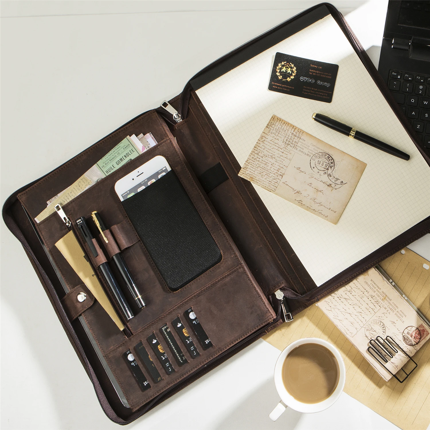 Ручной работы портфель из старинной кожи "Crazy Horse" формата А4 для бизнеса, органайзер-портфолио с ручкой.