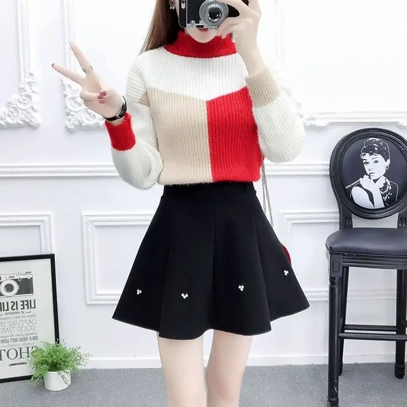 

Woemn 2020 New Autumn Winter 2 Pieces Suits Female Long Sleeve Patchwork Knitted Tops Ladies Fashion Woolen Mini Skirt Sets V46