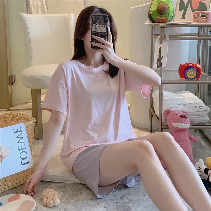 

2021 New Summer Cotton Short Sleeve Shorts Pajama Sets for Women Korean Sleepwear Suit Pyjama Homewear Pijama Mujer Home Clothes