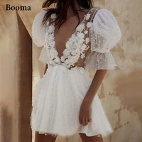 booma plunging v neck short wedding dresses half sleeves pearls flowers mini bride dresses backless illusion civil wedding gowns
