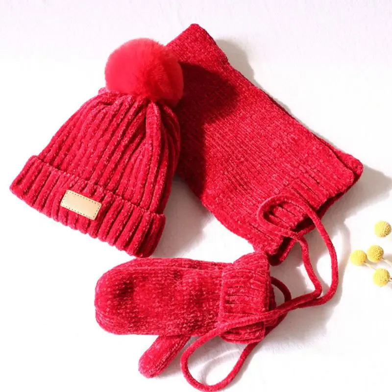 

3 In 1 Toddler Kids Winter Ribbed Knit Warm Pompom Beanie Hat Scarf Gloves Set