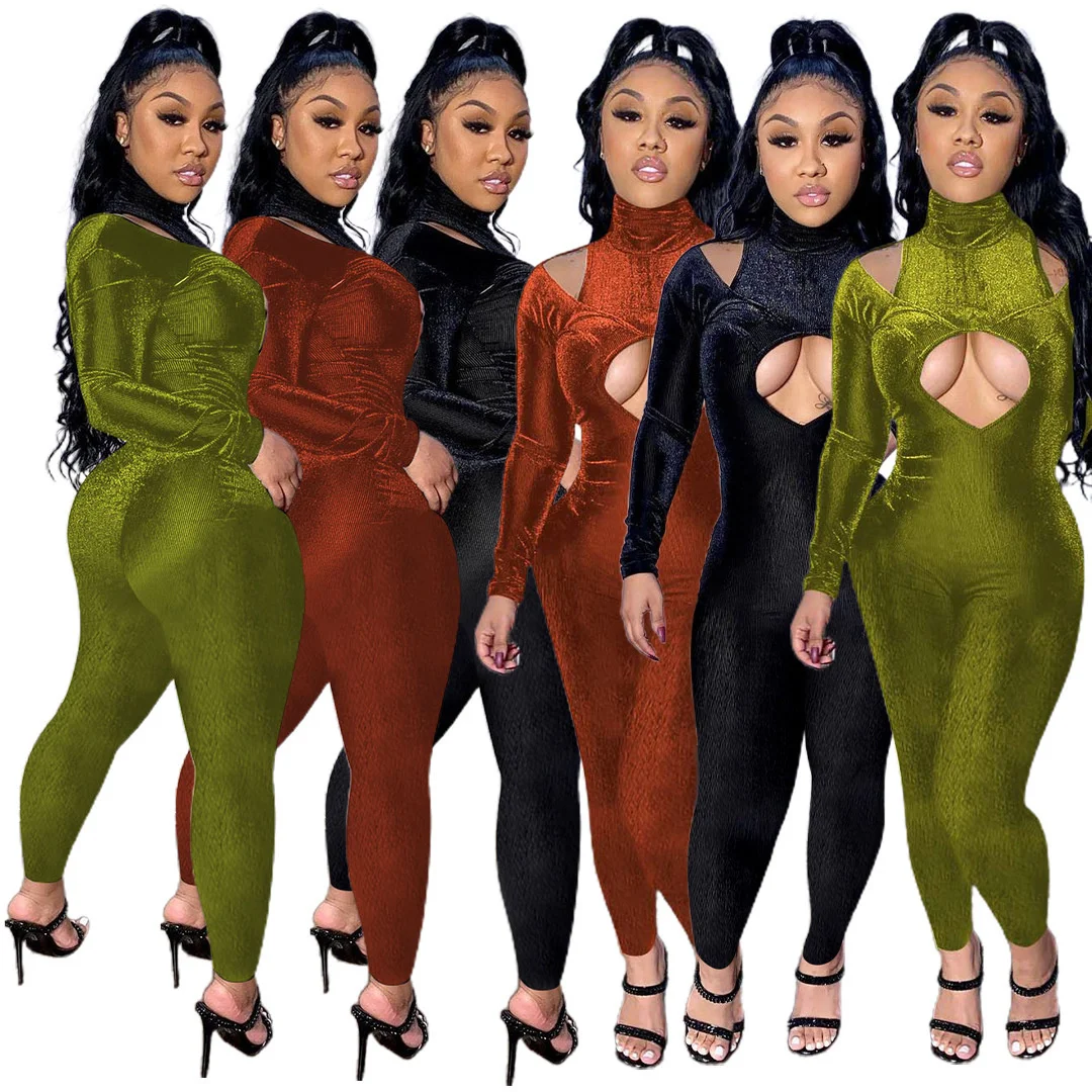 

Женский бархатный комбинезон Zoctuo, длинный Осенний комбинезон с высоким воротником и длинным рукавом