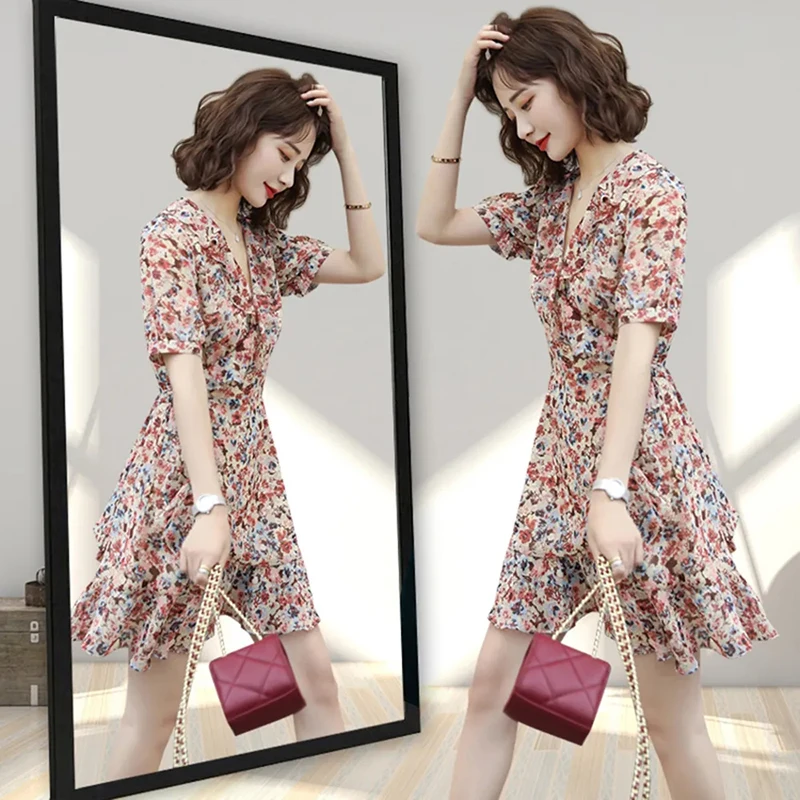 

Plus Size 4xl Chiffon V-neck Short Sleeve Dress Summer Floral Irregular Hem Ruffle Mini Dress Korean Style Sweet Hepburn Dresses