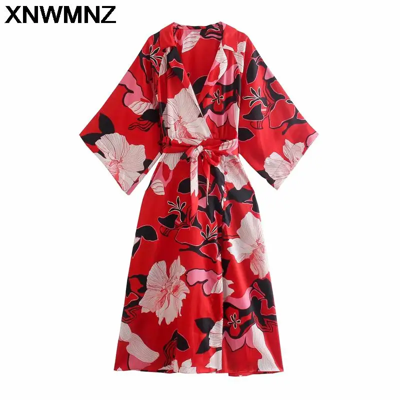 

2021 ZA Women Fashion With Belt Floral Print Kimono Midi Dress Vintage Three Quarter Sleeve Female Dresses Vestidos Mujer robe