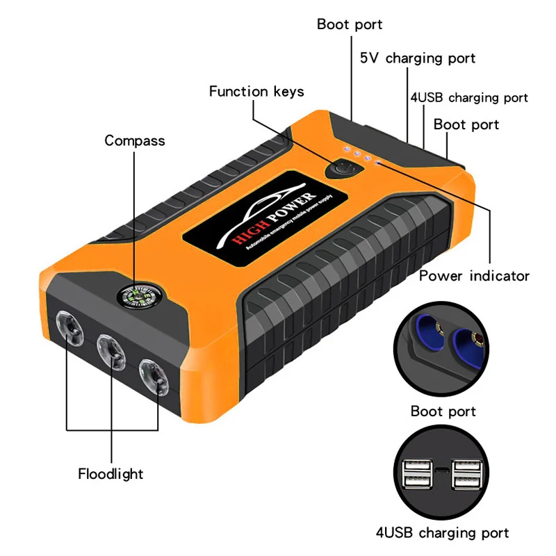 

99800mAh 4USB 12V Portable Car Jump Starter Multifunction Auto Car Battery Booster Charger Booster Emergency Power Device