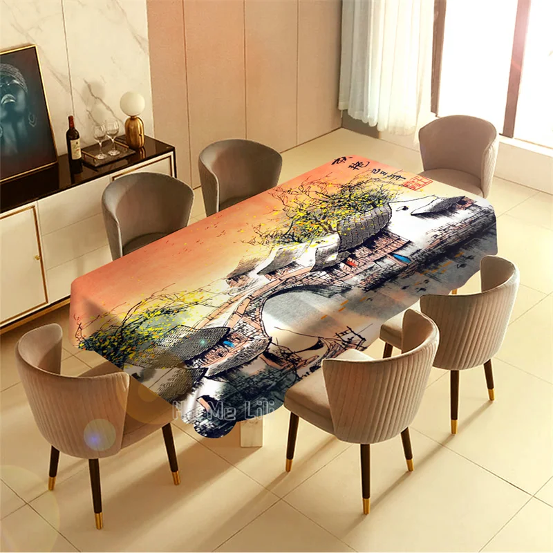 Jiangnan Water Village Boating Beautiful Patterns Waterproof Tablecloths Heavy Duty Oil Spill Proof Plastic Wipe Clean | Дом и сад