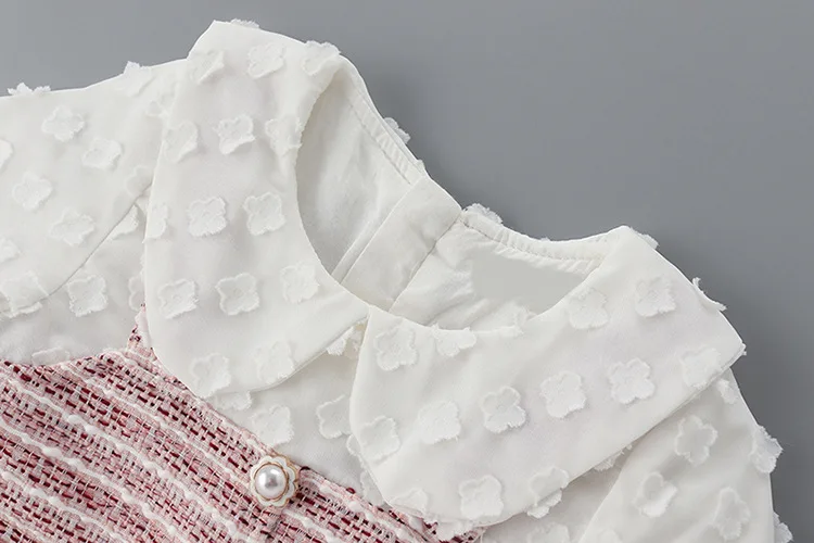 Платье для девочек осеннее платье с круглым воротником и цветочной аппликацией